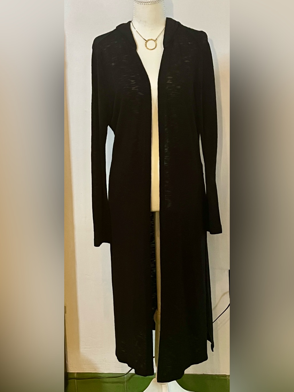 Kenneth Cole Black Open Front Hooded Duster Cardigan